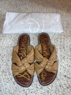 Sam Edelman Leather Bow Slide Sandals Neutral Tan
